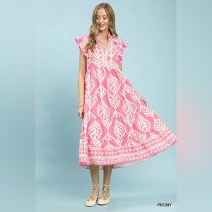 Umgee Leaf Print Tiered Midi Dress with Pockets🆕